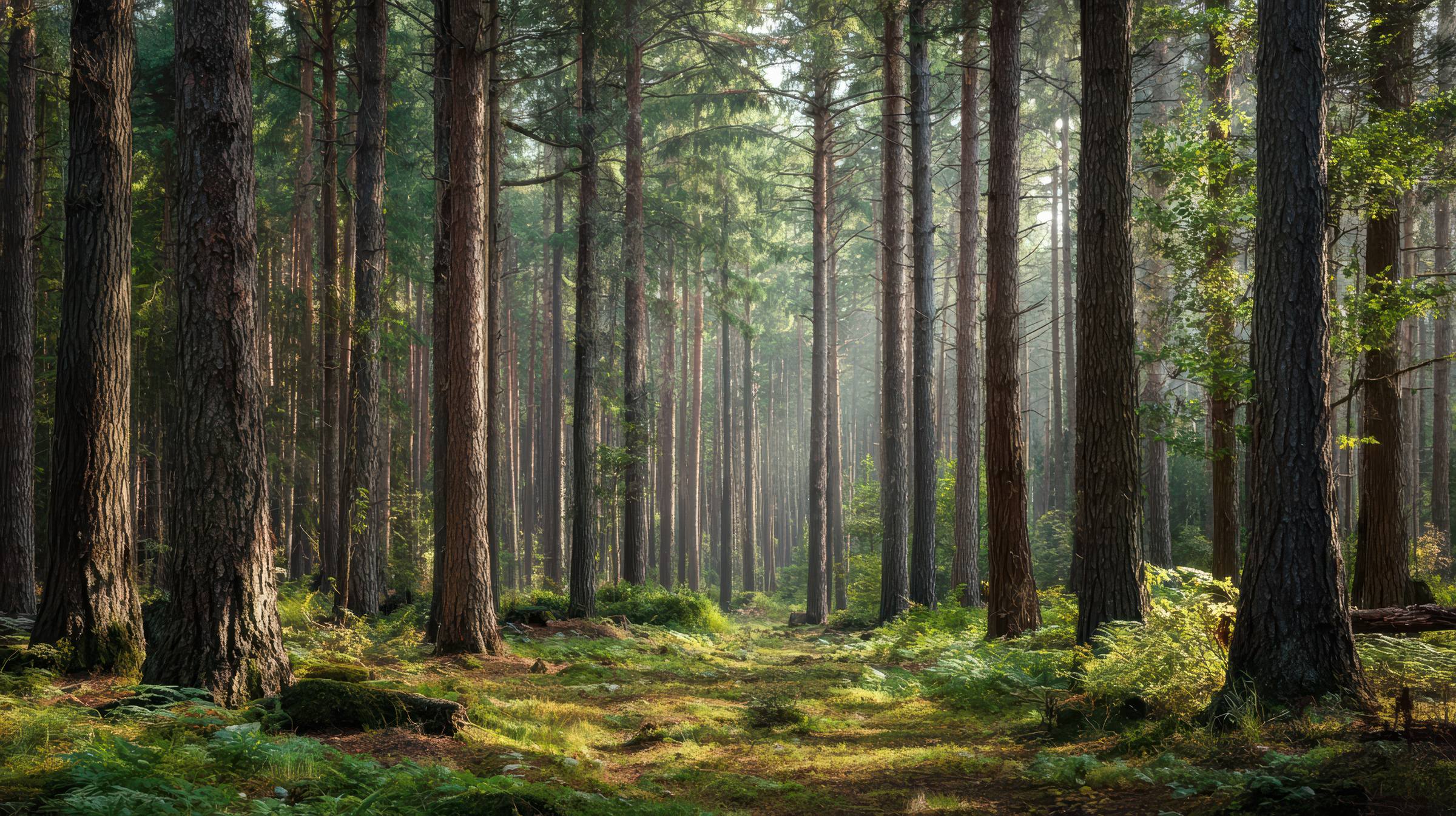 Sonnenlicht fällt durch einen Nadelwald